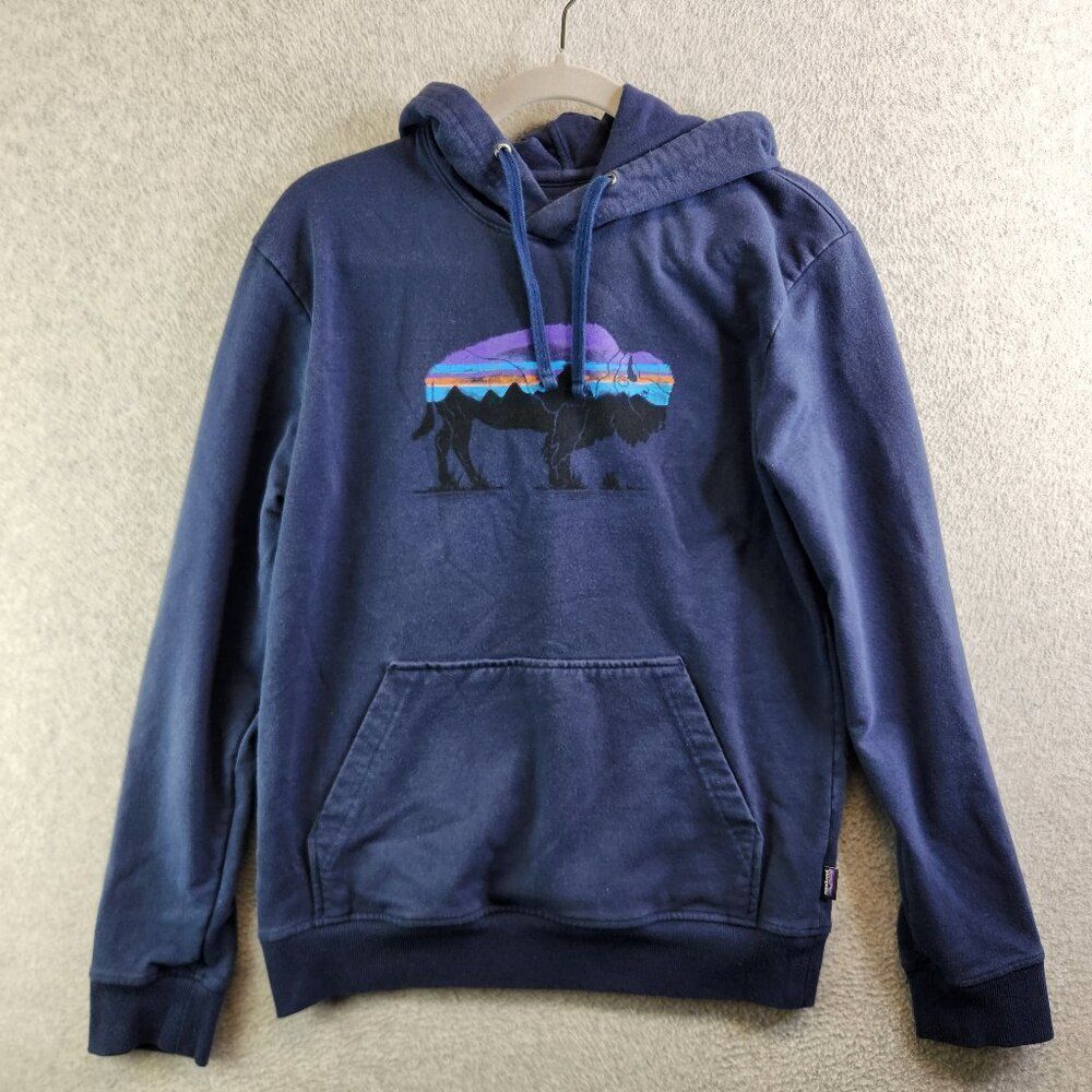Patagonia Hoodie Mens S Blue Buffalo Bison Uprisal Fitz Roy Fleece Southwestern